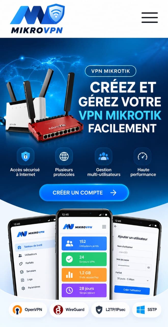 Application MikroVPN — tableau de bord, gestion des utilisateurs et forfaits